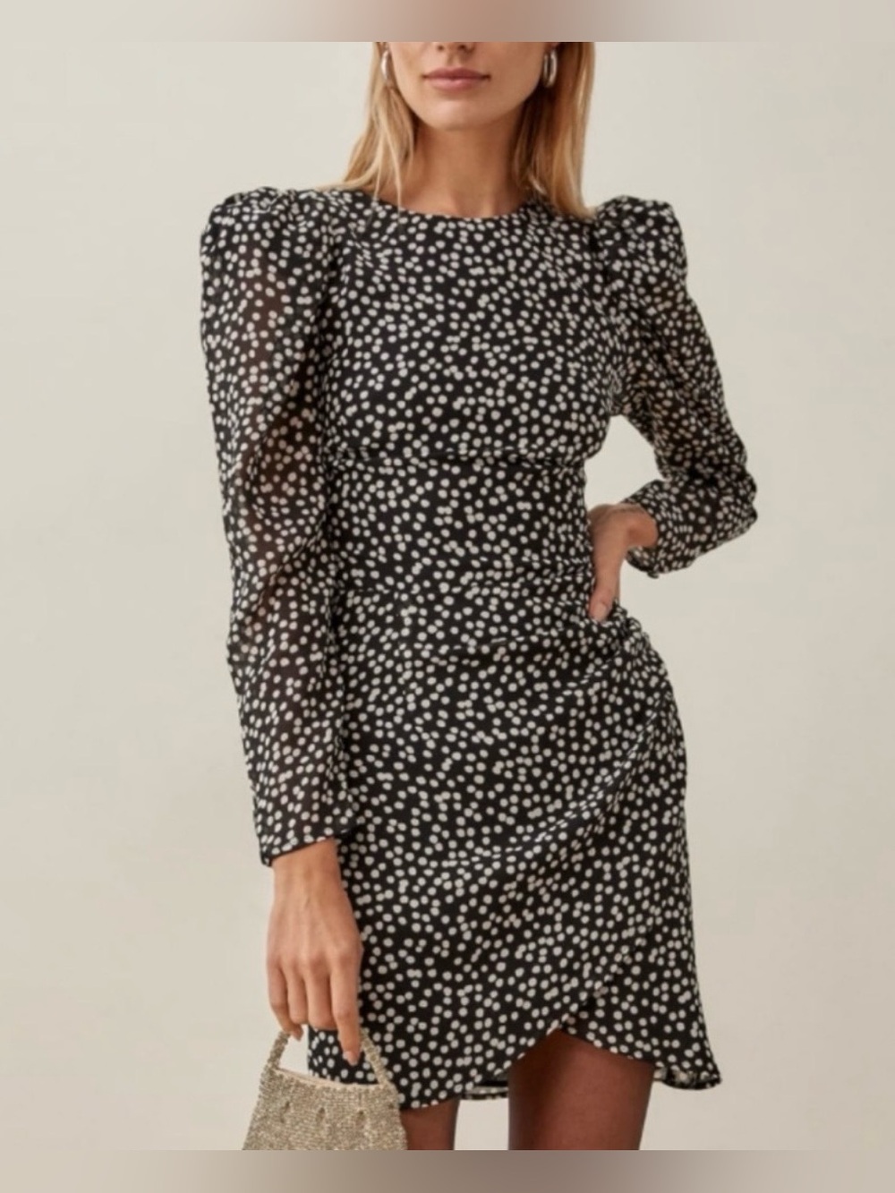 Reformation Juni Dizzy Dot Puff Sleeve Tulip Mini Dress Black White 2
